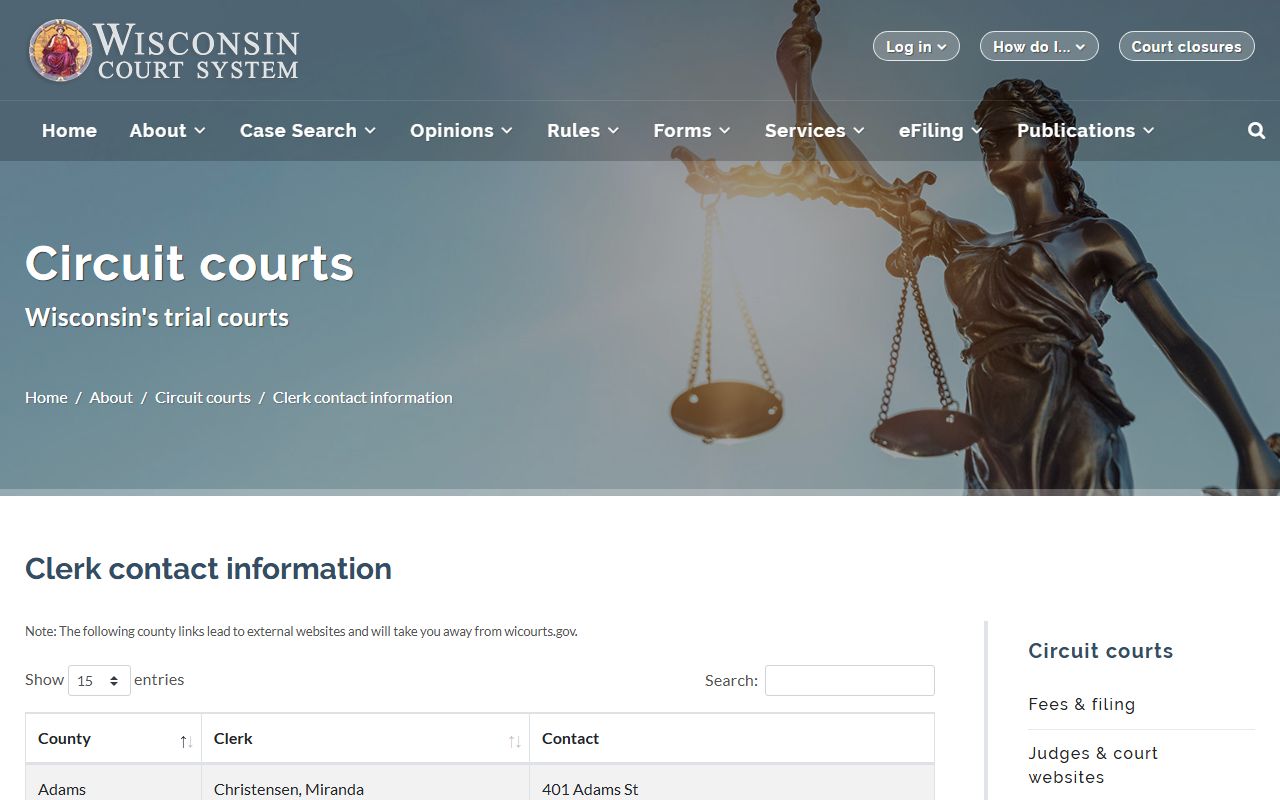 Wisconsin clerk of circuit court directory for criminal court records