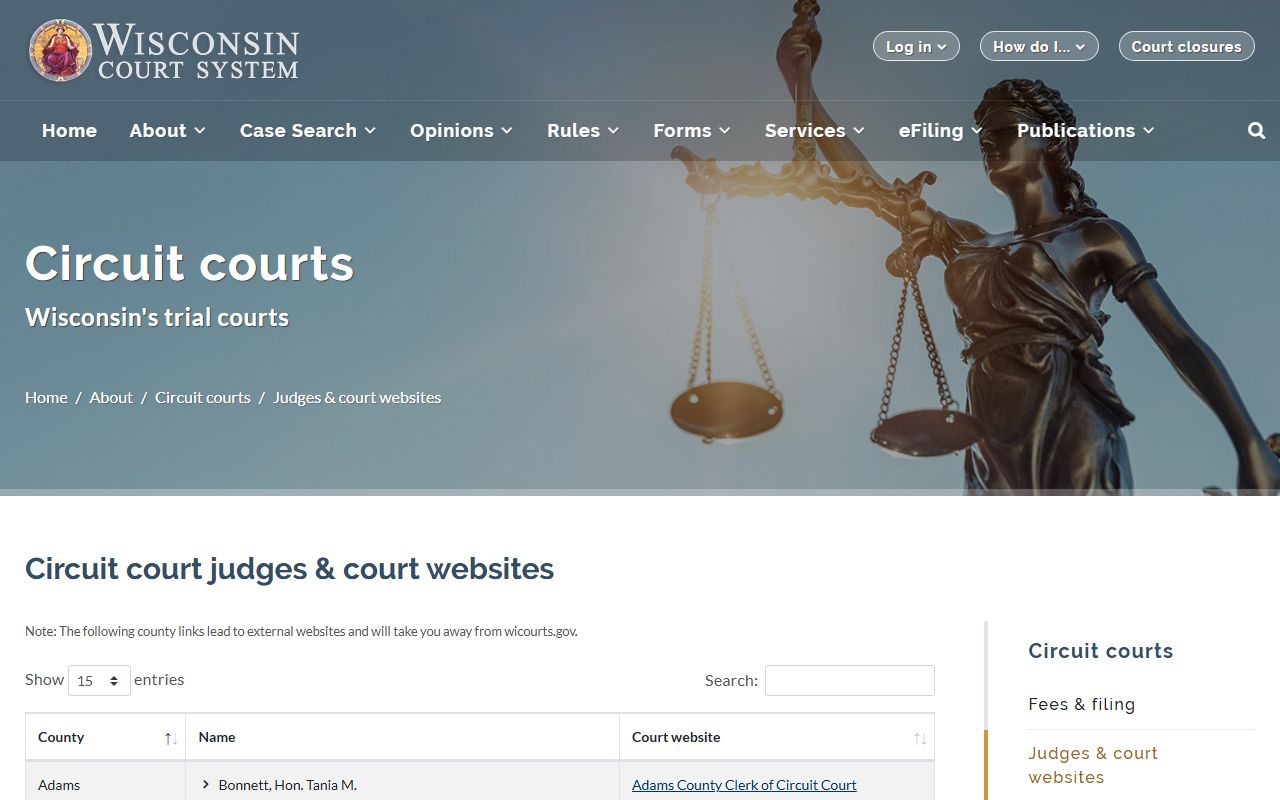 Wisconsin circuit court judges directory for criminal court records